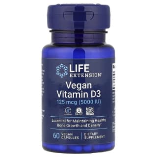Life Extension, Веганский витамин D3, 125 мкг (5000 МЕ), 60 веганских капсул